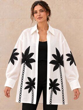 Beulahstyle White/Black Palm Embroidered Linen Cotton Tunic Shirt M NWT